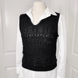 Vintage ESPRIT Black Chunky Knit 100% Wool V-Neck Sweater Vest 90s Goth | Small